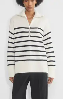 The Cashmere Project 100% Cashmere Quarter Zip Sweater Stripes Cream Navy Medium