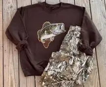 Bass Fish Fishing Outdoors Hunting Sequin Chenille Patch Brown Dark Chocolate Crewneck Sweatshirt Pullover Tee