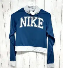 Nike Sweater Women Sz M Long Sleeve Cropped Graphic T Shirt Logo Blue Mock Neck