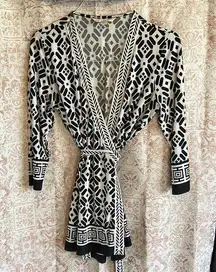 Black and White Textile Wrap Blouse