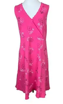 Fresh Produce Dress Medium Pink Floral Surplice V-Neck Lettuce Trim 100%‎ Cotton