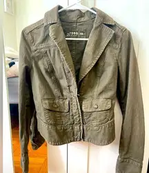 Gap Women's Denim Jacket Brown Olive Zip Collared Short Peplum Bohemian