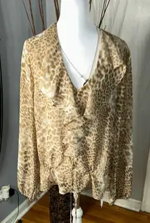 Evan Picone Cream Tan Ruched Tie Front Blouse