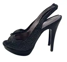 Audrey Brooke Satin Sequin Peep-Toe Stiletto Heels black size 7