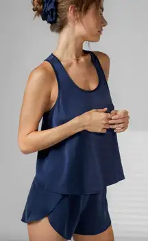 Lunya Pajama Set Womens Large Washable Silk Tank Shorts Deep Navy Blue Sleep PJs