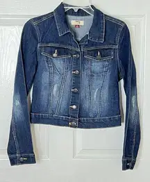 L.E.I. Jean Jacket Junior Size Small Blue Dark Wash Distressed Stretch D…