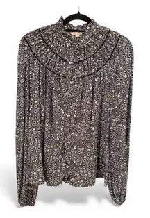 BODEN US10/UK14 Ruched Yoke Jersey Button Up Blouse Ditsy Black White Floral