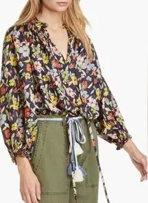 The Great Silk Top Size XL Lyric Floral Blouse Tie Neck Long Sleeve Cottagecore