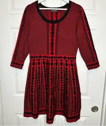 Nina Leonard Geometric Print Sweater Knit Dress * Red / Black * Large