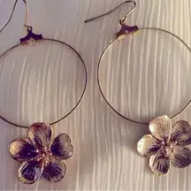 Gold Hoop Dainty Hibiscus Charm Earrings