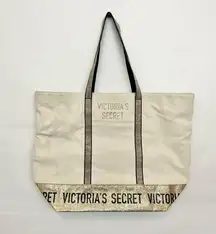 Victoria's Secret  Blingy Tote Bag Beige Gold Glitter Black Straps Logo Carry All