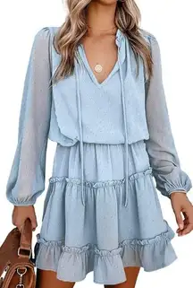 Btfbm NWT  Women Casual light blue Dress V Neck Tie Neck Long Sleeve Dot Ruffle