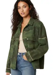Free People Slouchy Military Jacket Womens L Green Camo 100% Cotton Utility