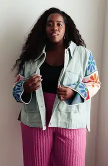 Davi & Dani Jacket Denim Sweater Floral Bell Knit Sleeves Pockets Snap Size 2XL