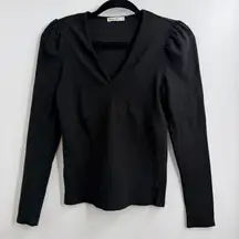 Marine Layer Lexi ribbed long sleeve V neck top black size Medium fitted