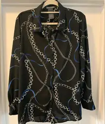 Chelsea & Theodore Navy Chain Link Chiffon Blouse Size XL