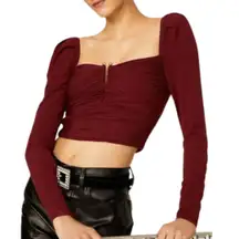 SELF PORTRAIT Cropped Long Sleeve Draped Gathered Knit Blouse Burgundy Top Sz 0