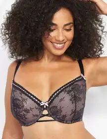 Lane Bryant Cacique 42G Lace Unlined Balconette Bra Underwire Black Pink Bow