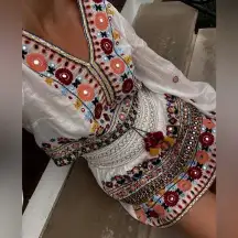 Zara Embroidered Set embellished beaded skirt top boho colorful long sleeve crop