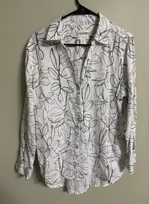 Cynthia Rowley Shirt Womens Size Large White Leaf 100% Linen Blouse Button Front