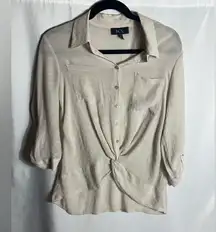 BCX Beige Button Front Knot Blouse Roll Tab Sleeve Rayon Blend Women’s M