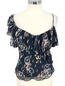 Rebecca Taylor Silk Floral Metallic Double Ruffle One-Shoulder Blue Top Size 6