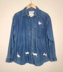 Montana West Denim Embroidered‎ Button Down Shirt Farm Animals Horse Chickens