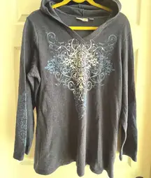 Avenue Hoodie V-Neck Top Blue Gray Waffle Knit Long Sleeve Pullover Embroidered