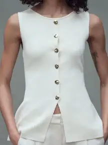 Zara Off-White Knit Gold Button Sleeveless Top Vest | M