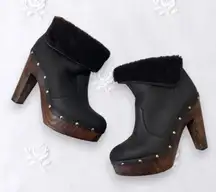 Elie Tahari Y2K Brown Leather Studded Platform Faux Fur Clogs Platform Boots 8.5