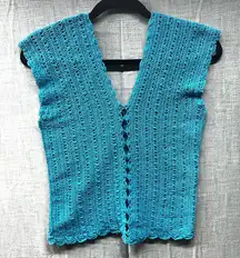 Hand crochet vest Teal V Neck open center lace pattern Small no tag Vintage 80’s