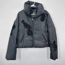 Guess Y2K Black Puffer Jacket Floral Embroidered‎ Whimsigoth 90s Streetwear XL