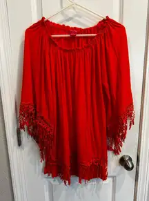 Women's Sunny Lei Red Off-Shoulder Tunic Top with Fringe Trim M
