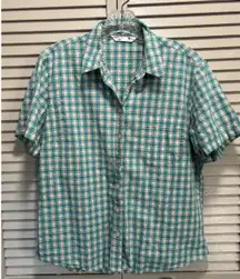 Riders By Lee Short Sleeve‎ Shirt Teal/White Plaid Size Medium Button Up Knit