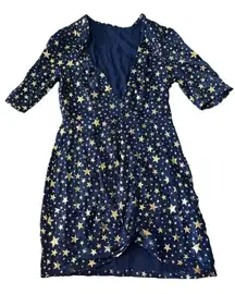 Revolve Sample Dress Small Navy Gold Star Print Wrap Front Cocktail Party NWOT