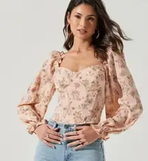 NWT  the Label Floral Print Long Sleeve Crop Corset Top Cream Mauve