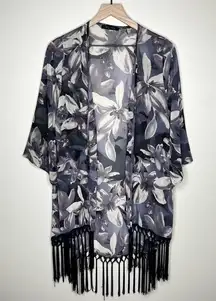 Honey Punch Sheer Dark‎ Floral Whimsigoth Fringe Trim Kimono Cardigan