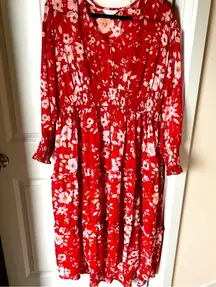 Red floral long sleeve midi dress