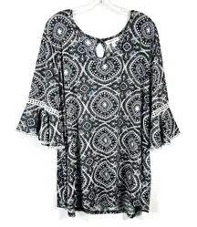 Blue & Black Mandala Pattern Ruffle Lace Sleeve Plus Size Blouse 3X