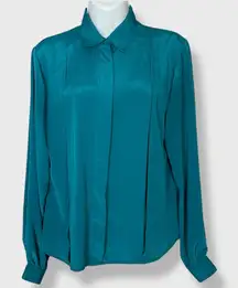 Vintage 1980s Blouse Pleats‎ Front Teal Long Sleeve Notations Women Office Retro