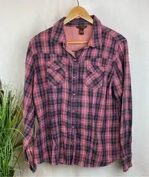 Bit & Bridle Pink Blue Pearl Snap Long Sleeve Rodeo Plaid Gingham Checker Top L