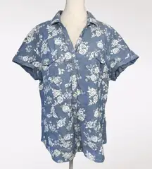 Faded Glory Blue Floral Chambray Button Down Shirt Size Large