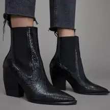 ALL SAINTS | RIA CROC EMBOSSED CHELSEA HEELED BOOT IN BLACK LEATHER SIZE 10