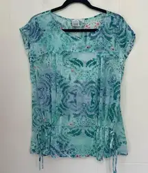 Fred David Vintage Short Sleeve Blouse Sheer Fairy Whimsy Blue Teal ~ Size XL