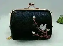Flower Embroidered  Zip Around Wallet w/ detachable Coin Purse in Black