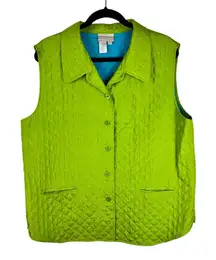 Coldwater Creek Quilted Silk Vest Lime Green Turquoise VTG XL Collared Button