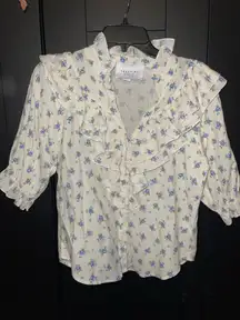 Tuckernuck The Shirt Rochelle Behrens Beige and Blue Jill Ruffle Shirt