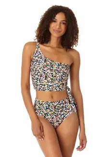 Anne Cole Confetti Multicolor Print One Shoulder Side Tie Bikini Swimsuit Top M