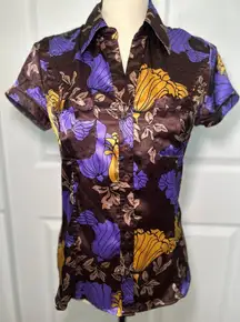 BCBGMAXAZRIA Floral‎ Button Down Shirt Short Sleeve Career Top XS