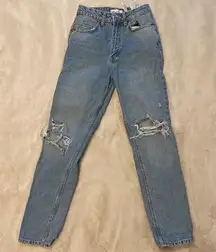 Zara Women's RIPPED MOM FIT BLUE JEANS Size 0 EUC Pre-owned